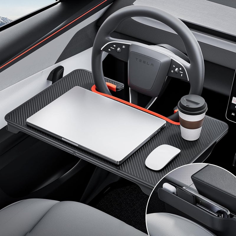 YONZEE 2-in-1 Car Steering Wheel Desk Tray & Car Seat Gap Filler Organizer – Foldable Carbon Fiber Look Table for Laptop, Eating, Writing – for Standard Round Steering Wheels - Image 1